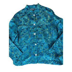 Chicos Turquoise & Gold Button-Up Silk Blend Jacket - Size 1 or U.S. 8 Asian Ins
